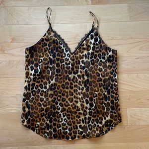 Express brand leopard print camisole with black lace trim, v-neck, size xs